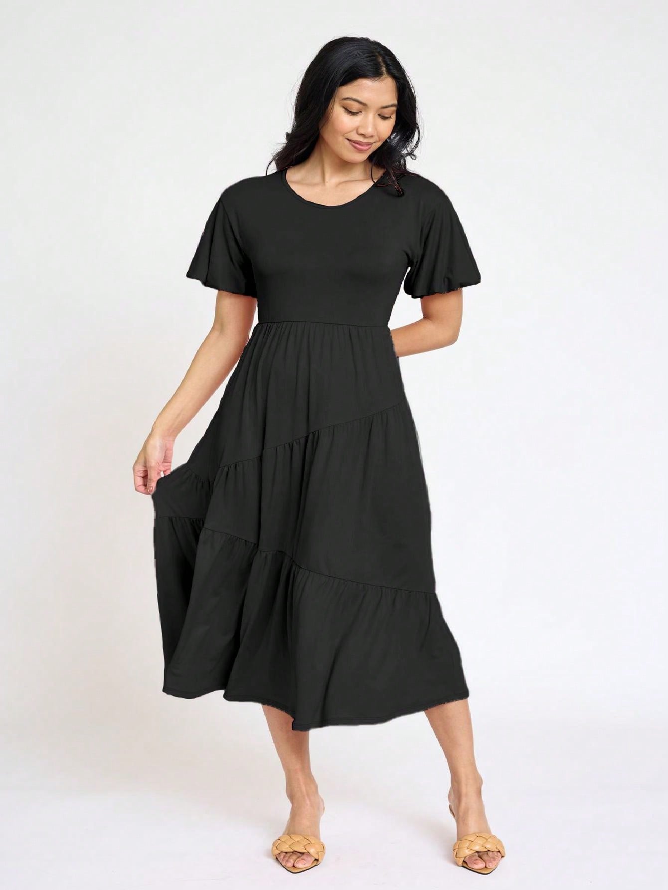 Boho Vacation Retro Solid Diagonal Tiered Midi Dress Balloon Bubble Sleeve  Bridesmaids Pink Red Sage Black Green Beige Olive