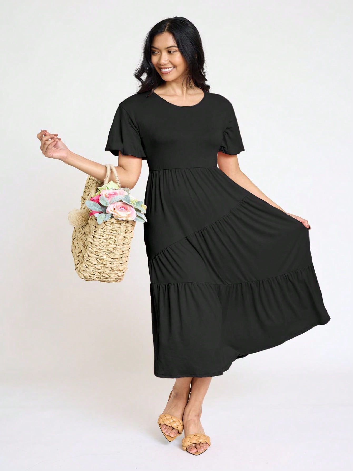 Boho Vacation Retro Solid Diagonal Tiered Midi Dress Balloon Bubble Sleeve  Bridesmaids Pink Red Sage Black Green Beige Olive