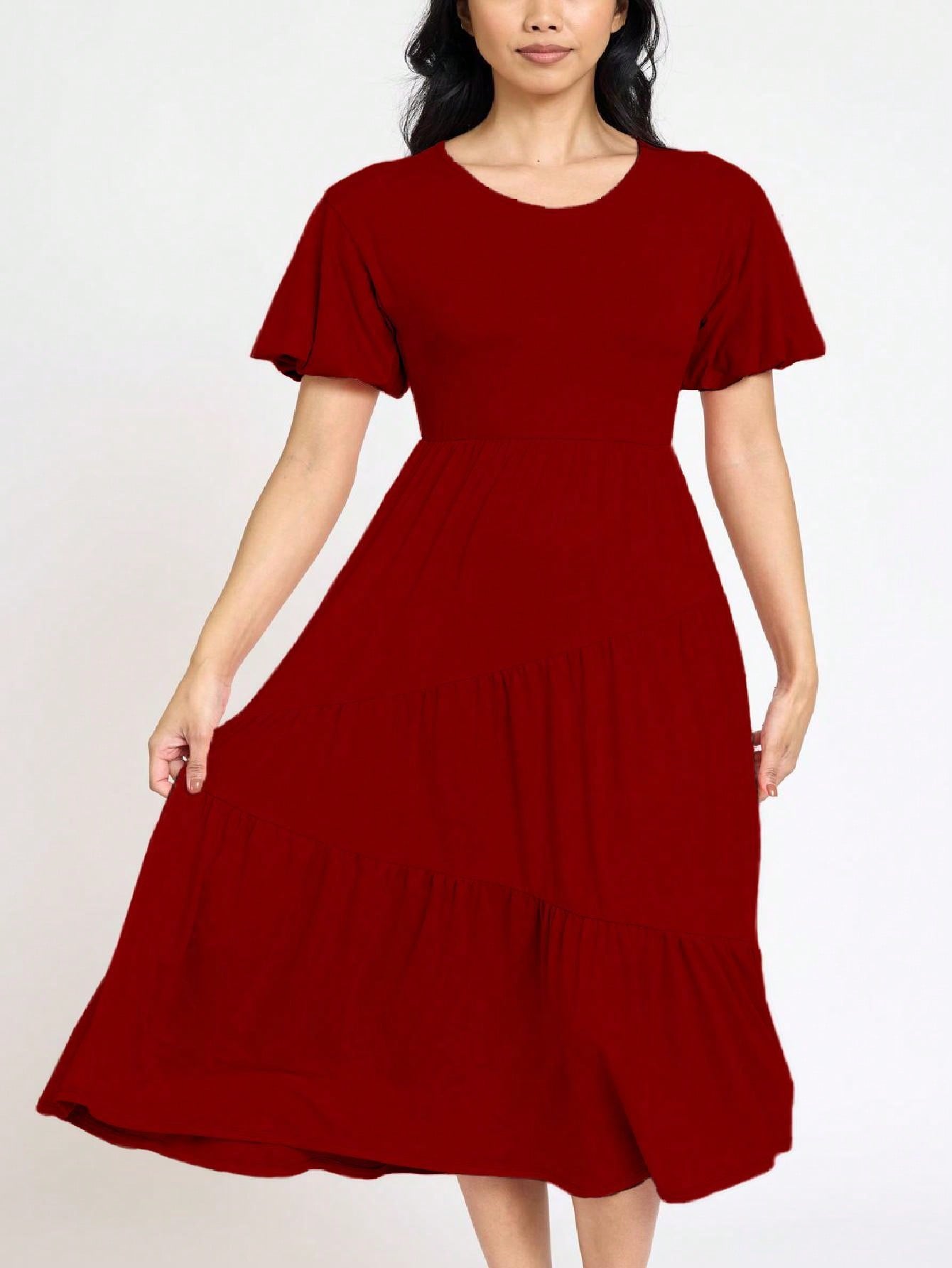 Boho Vacation Retro Solid Diagonal Tiered Midi Dress Balloon Bubble Sleeve  Bridesmaids Pink Red Sage Black Green Beige Olive