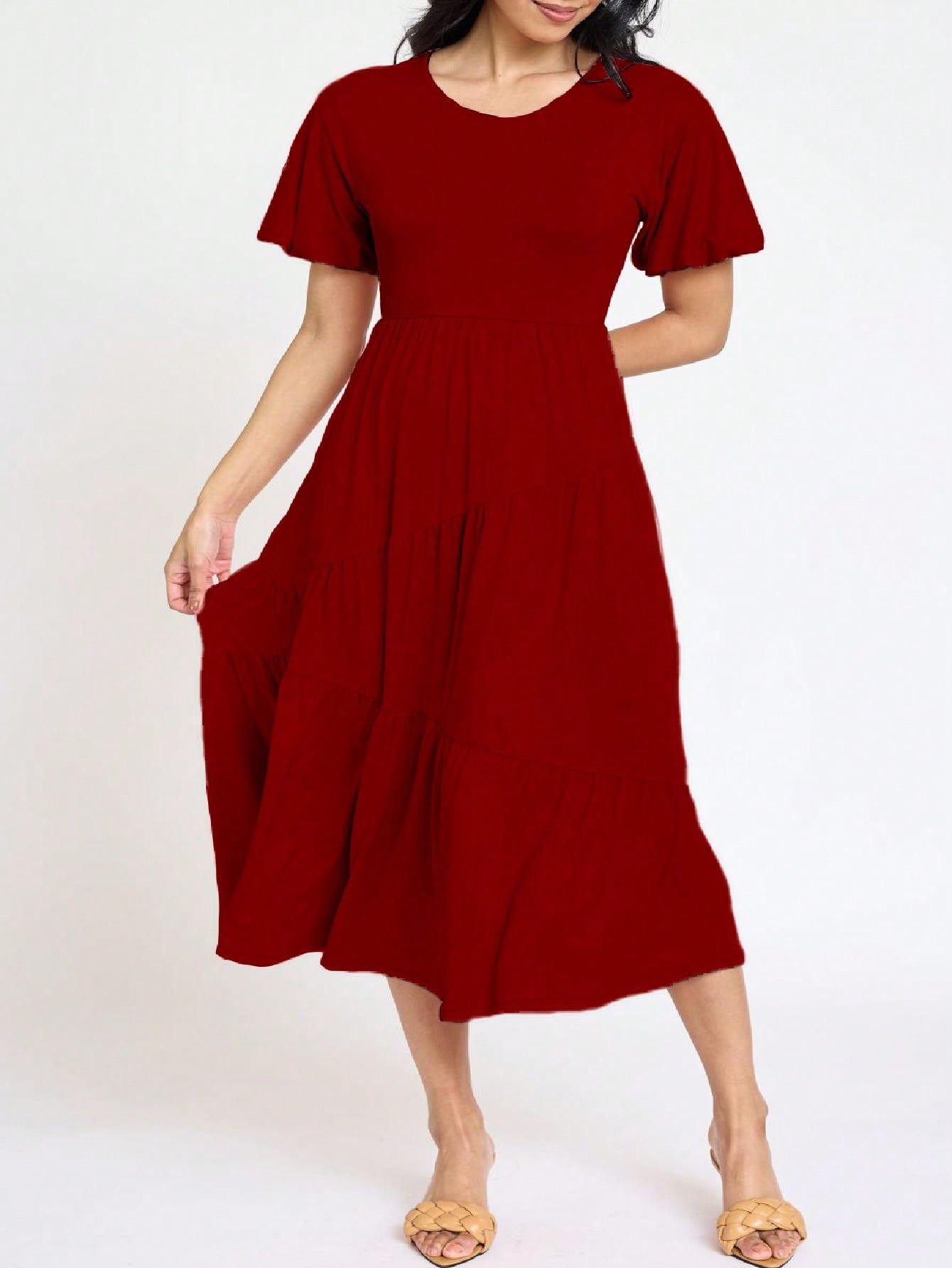 Boho Vacation Retro Solid Diagonal Tiered Midi Dress Balloon Bubble Sleeve  Bridesmaids Pink Red Sage Black Green Beige Olive