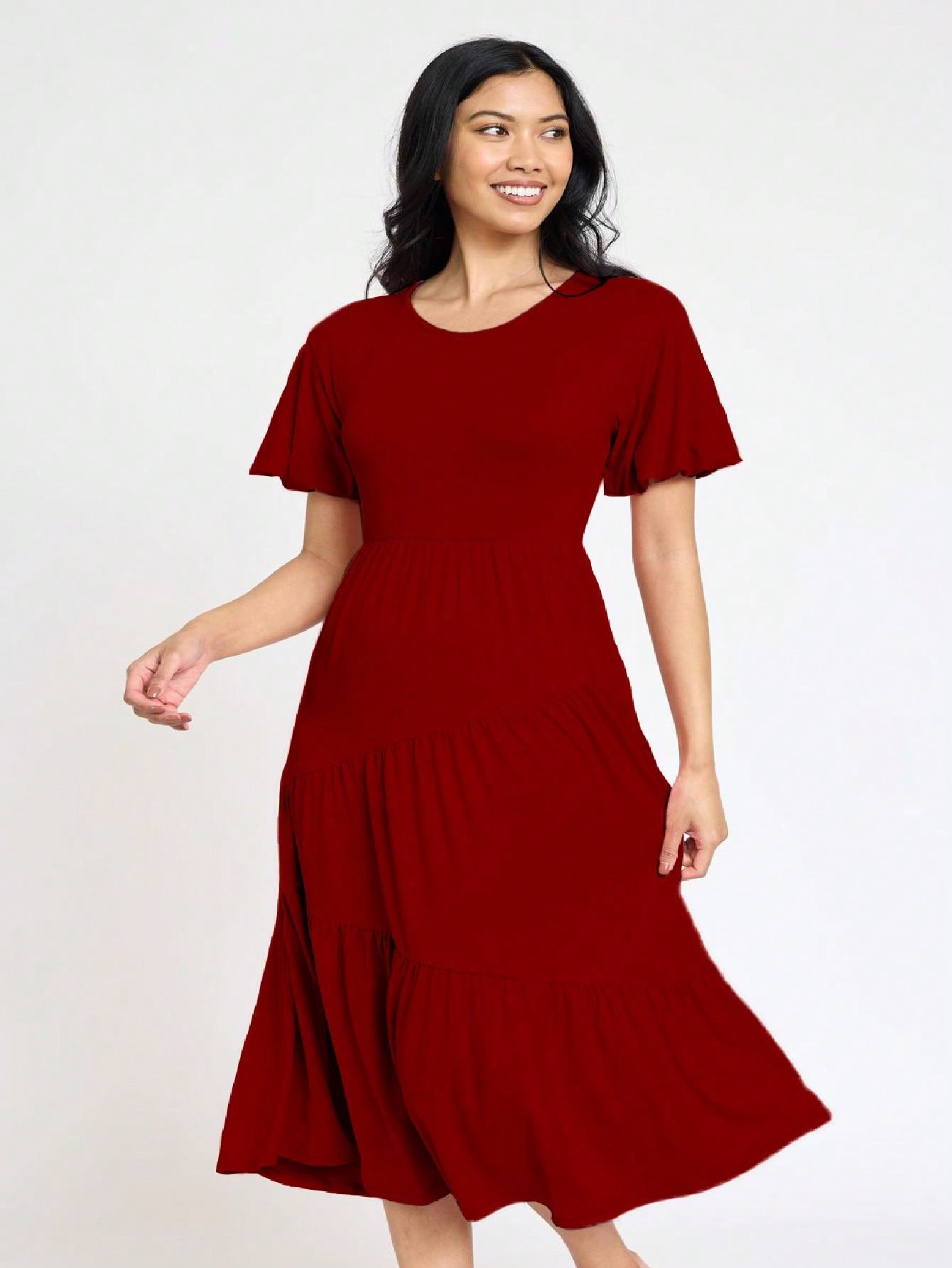 Boho Vacation Retro Solid Diagonal Tiered Midi Dress Balloon Bubble Sleeve  Bridesmaids Pink Red Sage Black Green Beige Olive