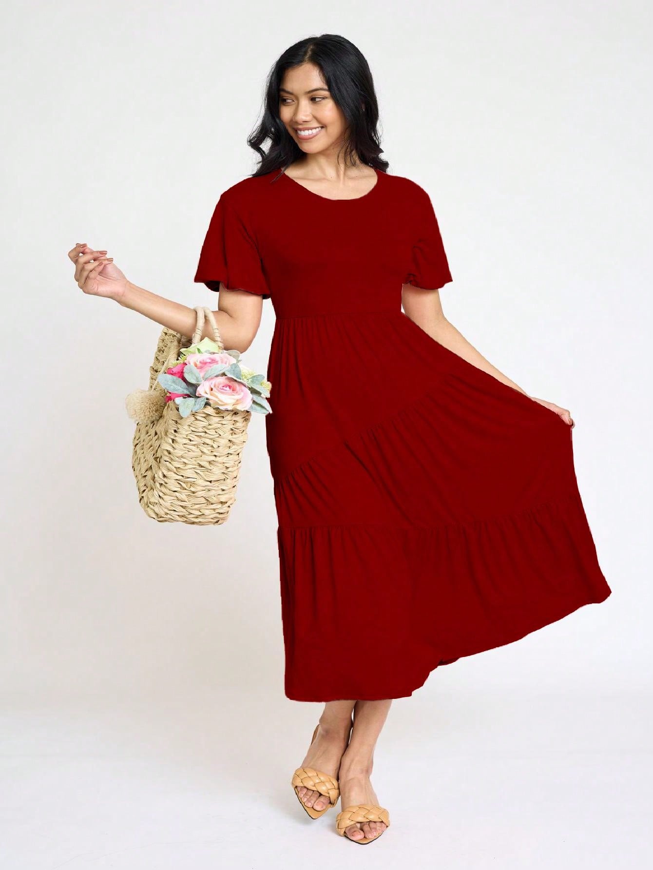 Boho Vacation Retro Solid Diagonal Tiered Midi Dress Balloon Bubble Sleeve  Bridesmaids Pink Red Sage Black Green Beige Olive