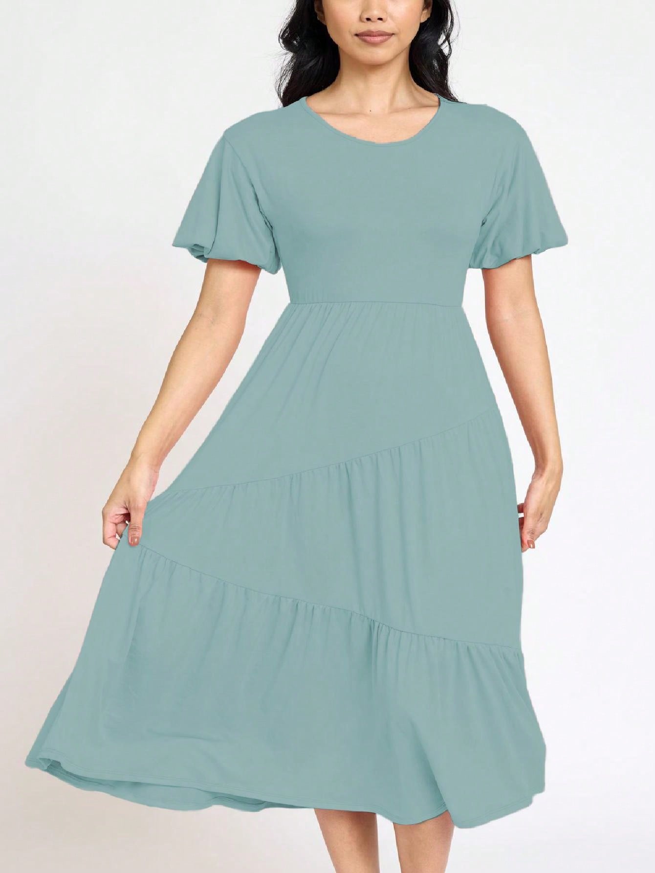 Boho Vacation Retro Solid Diagonal Tiered Midi Dress Balloon Bubble Sleeve  Bridesmaids Pink Red Sage Black Green Beige Olive