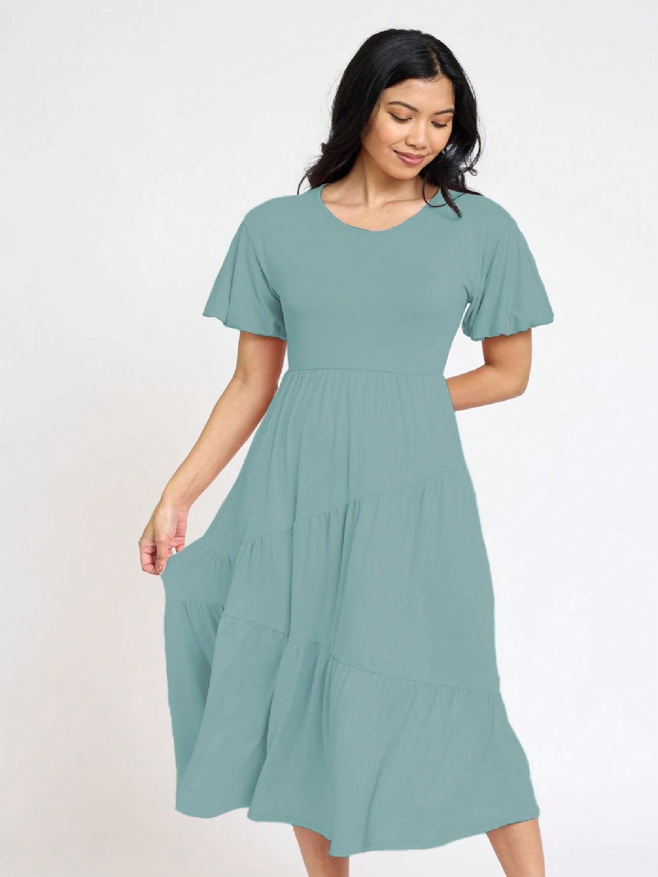 Boho Vacation Retro Solid Diagonal Tiered Midi Dress Balloon Bubble Sleeve  Bridesmaids Pink Red Sage Black Green Beige Olive