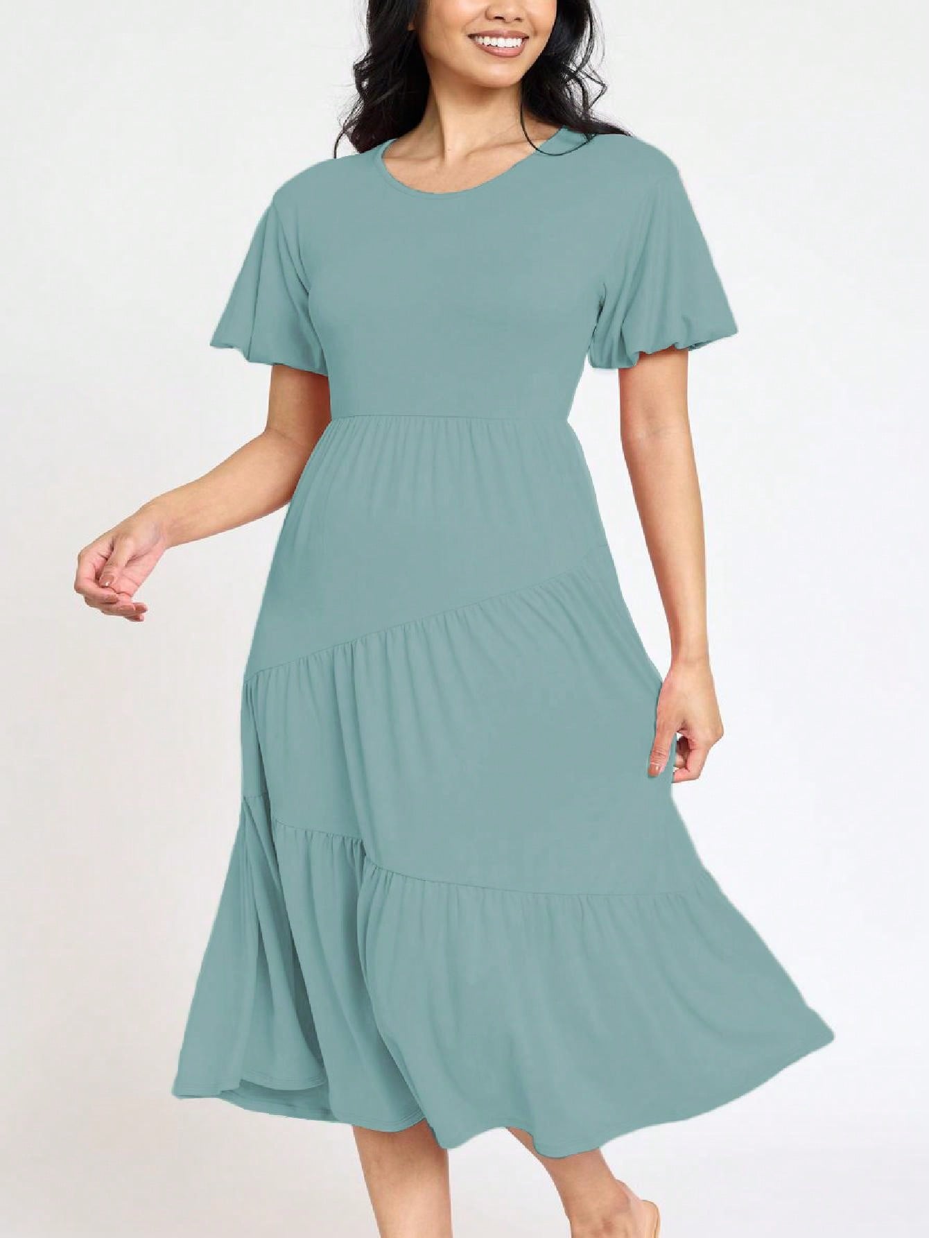 Boho Vacation Retro Solid Diagonal Tiered Midi Dress Balloon Bubble Sleeve  Bridesmaids Pink Red Sage Black Green Beige Olive