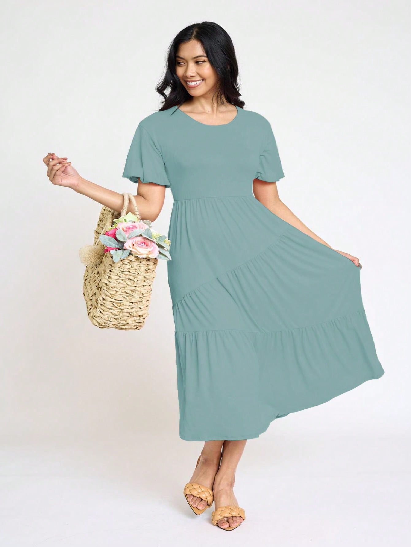 Boho Vacation Retro Solid Diagonal Tiered Midi Dress Balloon Bubble Sleeve  Bridesmaids Pink Red Sage Black Green Beige Olive