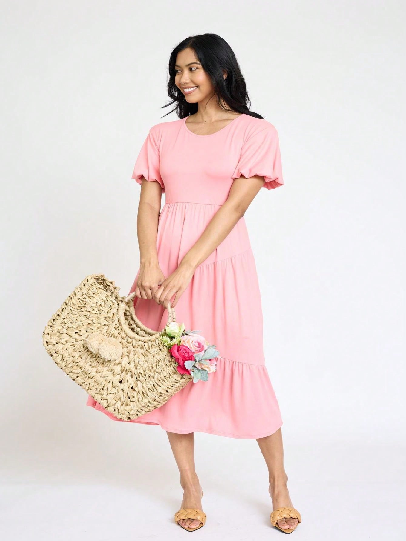 Boho Vacation Retro Solid Diagonal Tiered Midi Dress Balloon Bubble Sleeve  Bridesmaids Pink Red Sage Black Green Beige Olive