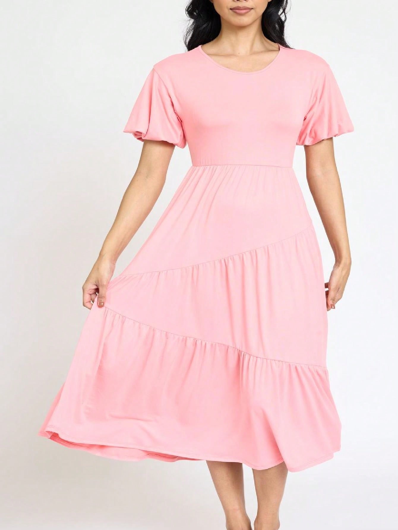 Boho Vacation Retro Solid Diagonal Tiered Midi Dress Balloon Bubble Sleeve  Bridesmaids Pink Red Sage Black Green Beige Olive