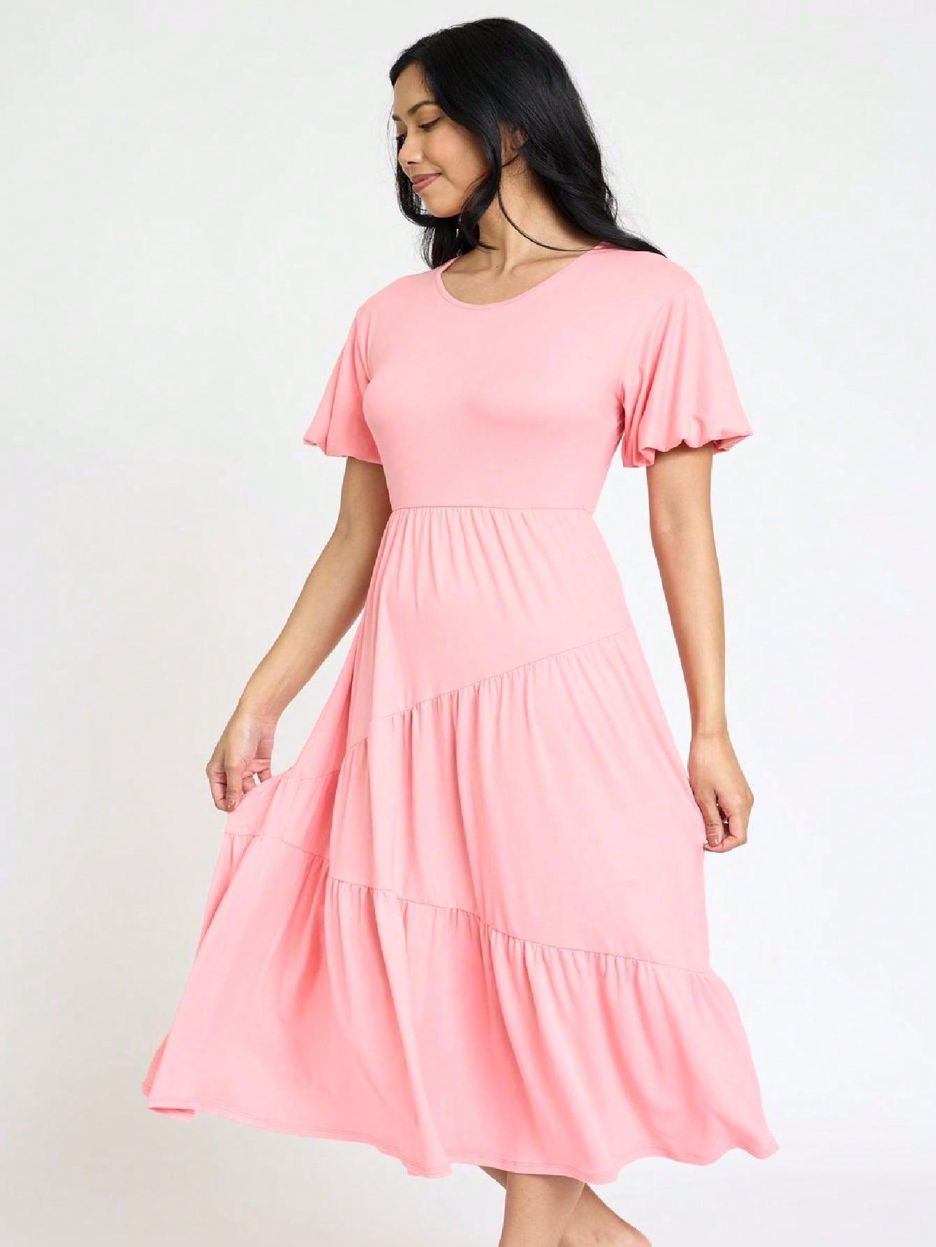 Boho Vacation Retro Solid Diagonal Tiered Midi Dress Balloon Bubble Sleeve  Bridesmaids Pink Red Sage Black Green Beige Olive