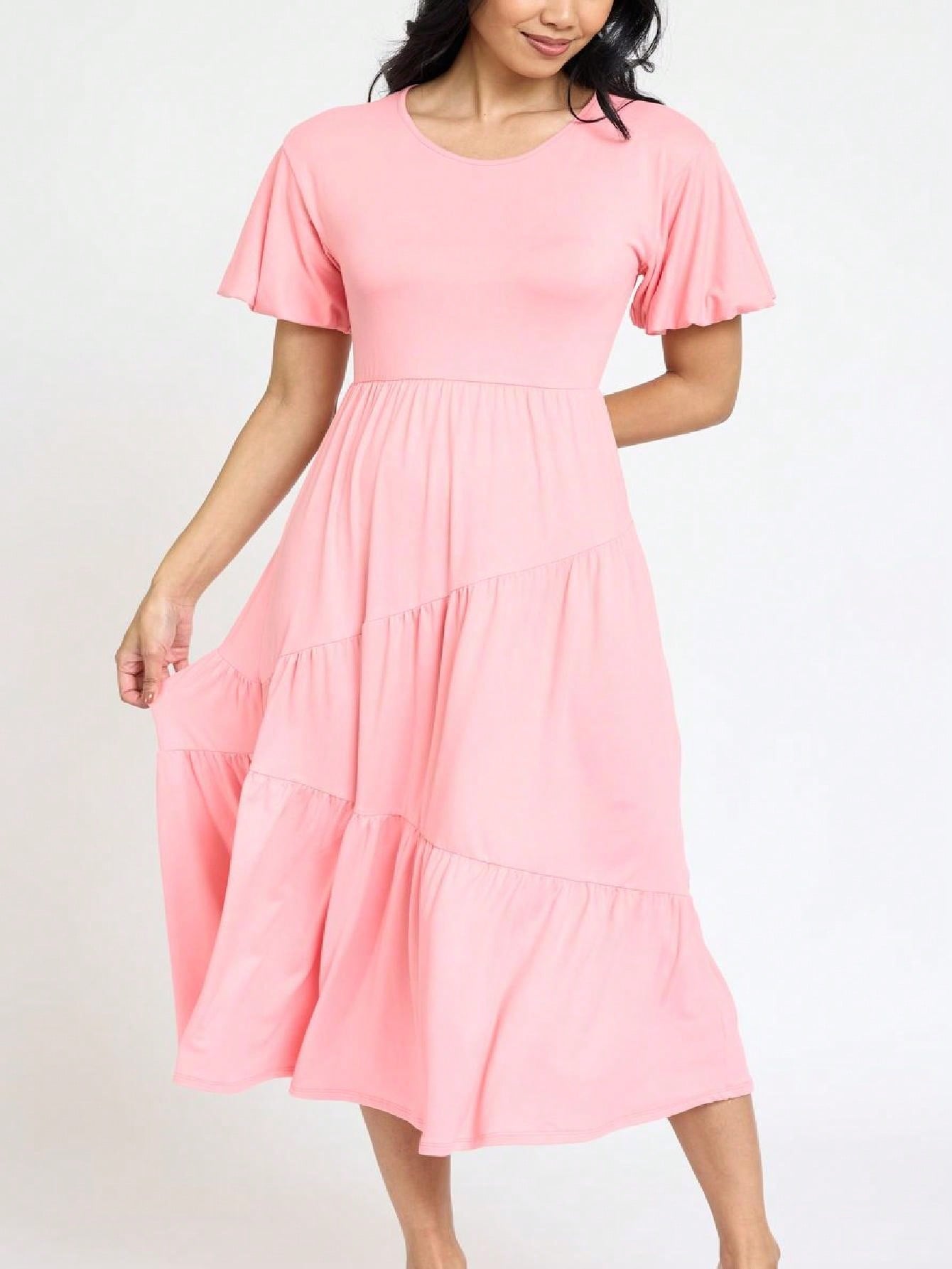 Boho Vacation Retro Solid Diagonal Tiered Midi Dress Balloon Bubble Sleeve  Bridesmaids Pink Red Sage Black Green Beige Olive