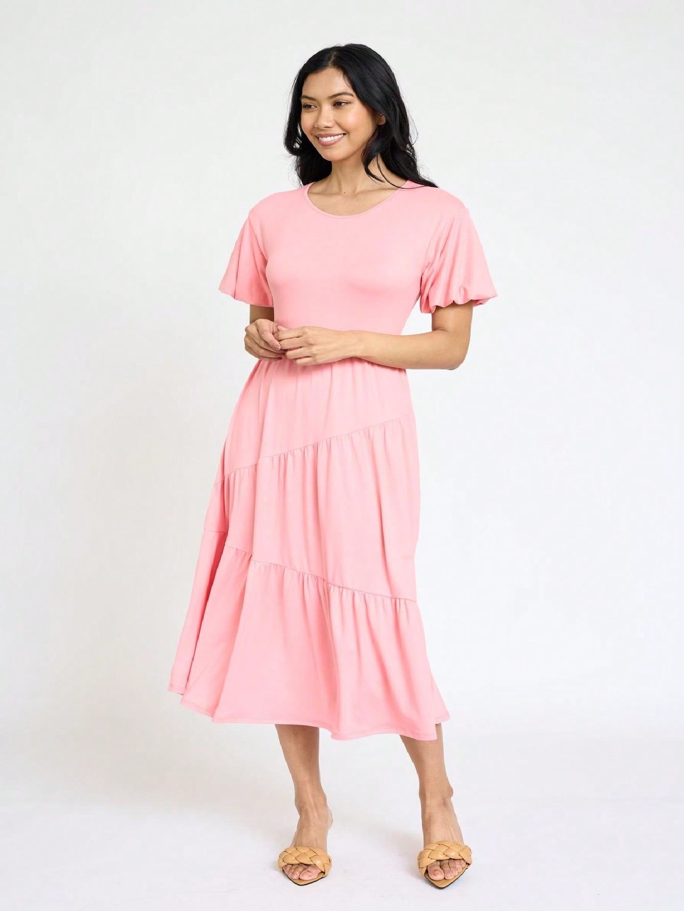 Boho Vacation Retro Solid Diagonal Tiered Midi Dress Balloon Bubble Sleeve  Bridesmaids Pink Red Sage Black Green Beige Olive