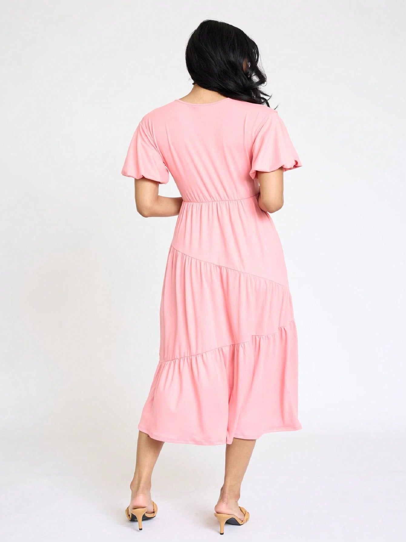 Boho Vacation Retro Solid Diagonal Tiered Midi Dress Balloon Bubble Sleeve  Bridesmaids Pink Red Sage Black Green Beige Olive