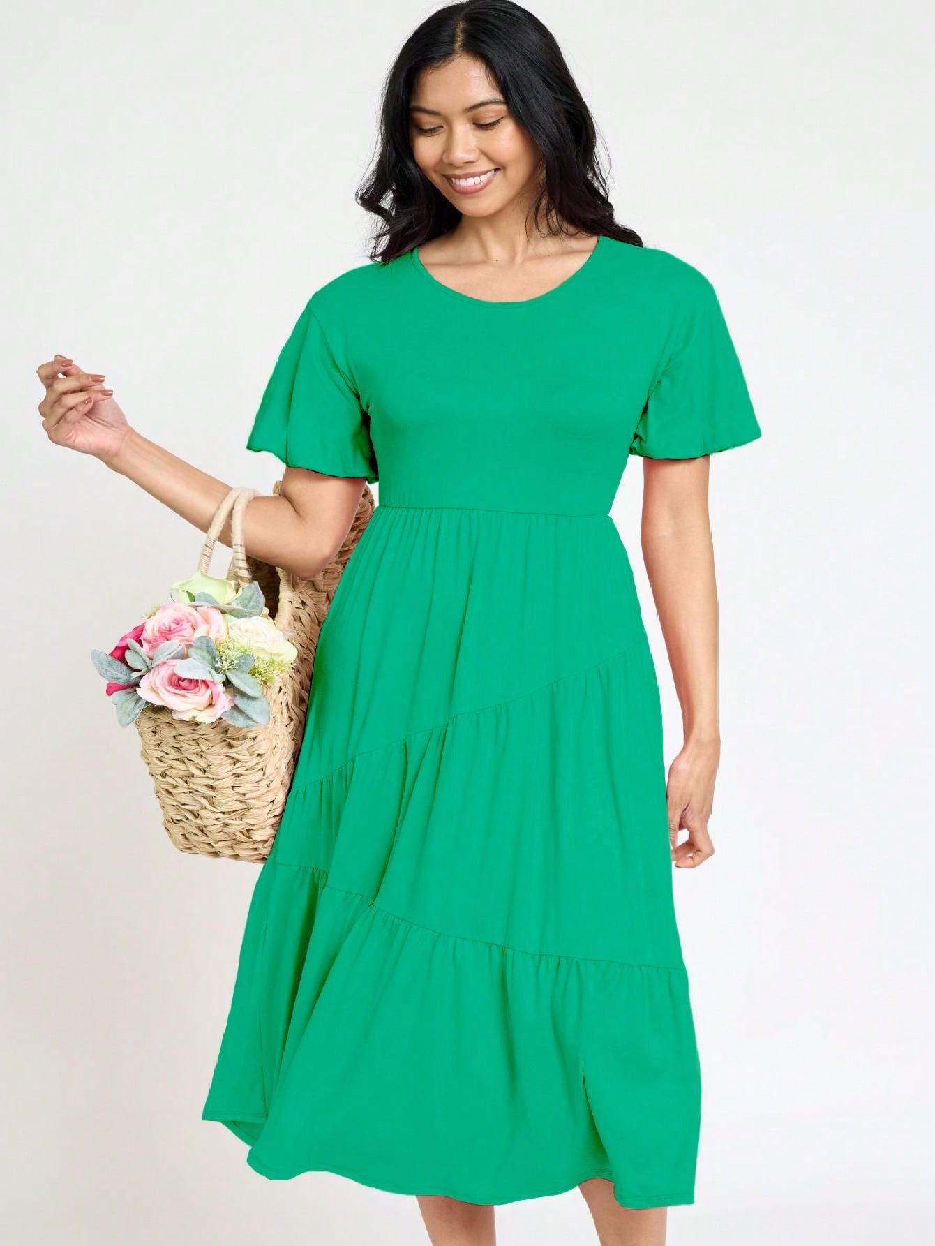 Boho Vacation Retro Solid Diagonal Tiered Midi Dress Balloon Bubble Sleeve  Bridesmaids Pink Red Sage Black Green Beige Olive
