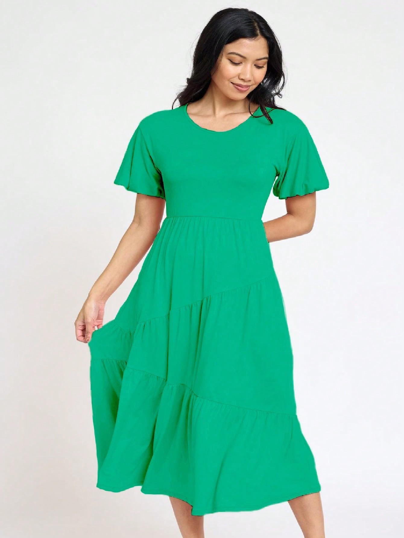 Boho Vacation Retro Solid Diagonal Tiered Midi Dress Balloon Bubble Sleeve  Bridesmaids Pink Red Sage Black Green Beige Olive