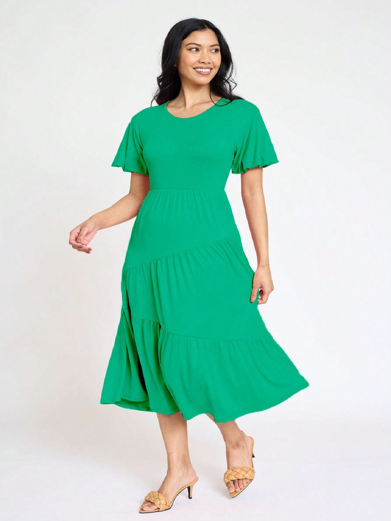 Boho Vacation Retro Solid Diagonal Tiered Midi Dress Balloon Bubble Sleeve  Bridesmaids Pink Red Sage Black Green Beige Olive