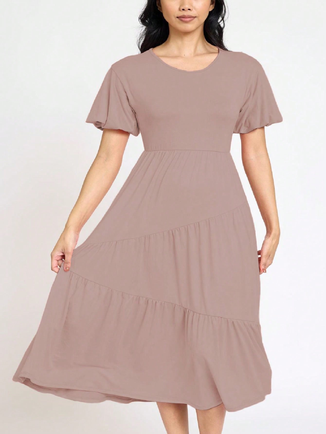 Boho Vacation Retro Solid Diagonal Tiered Midi Dress Balloon Bubble Sleeve  Bridesmaids Pink Red Sage Black Green Beige Olive