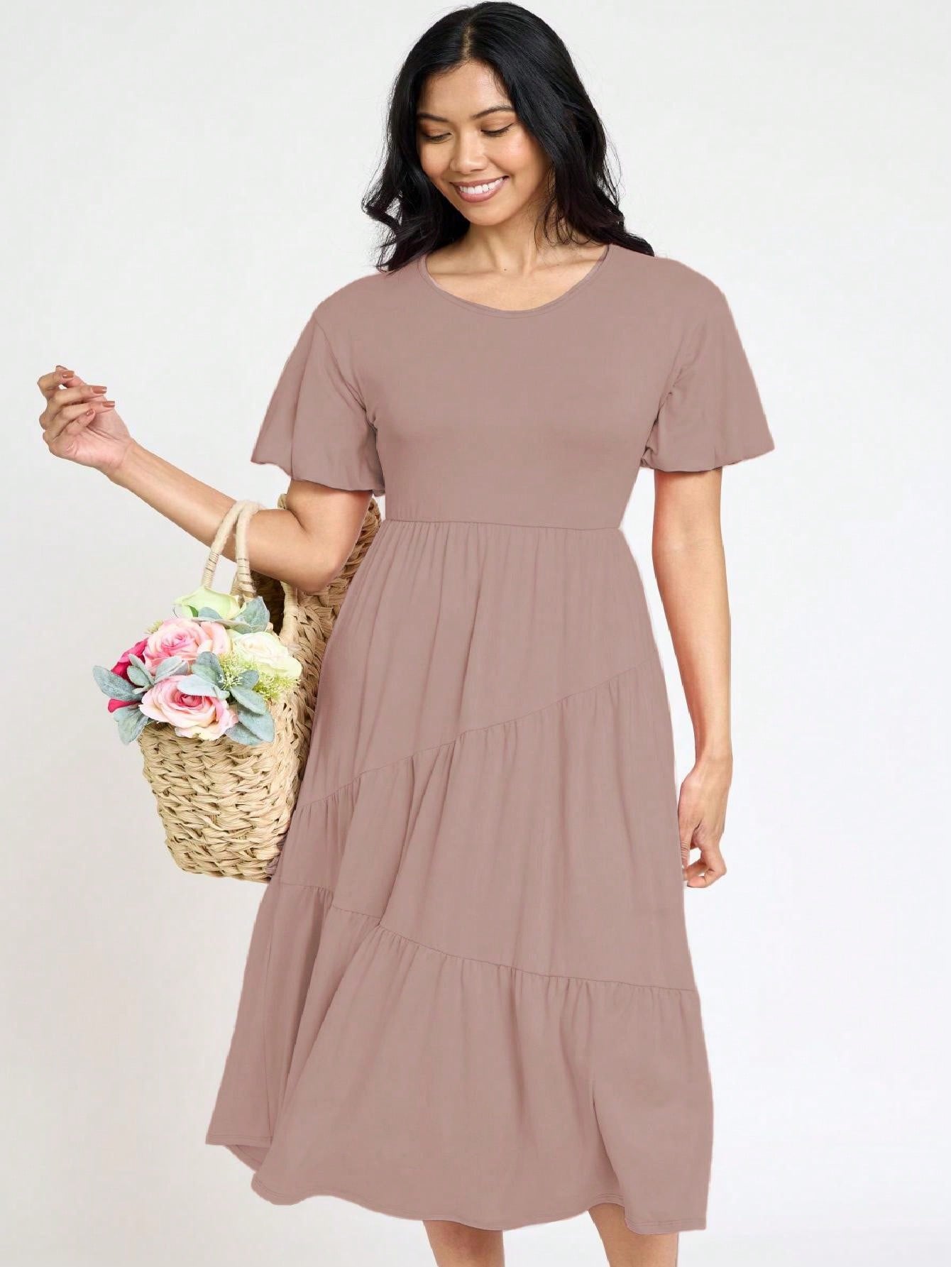 Boho Vacation Retro Solid Diagonal Tiered Midi Dress Balloon Bubble Sleeve  Bridesmaids Pink Red Sage Black Green Beige Olive