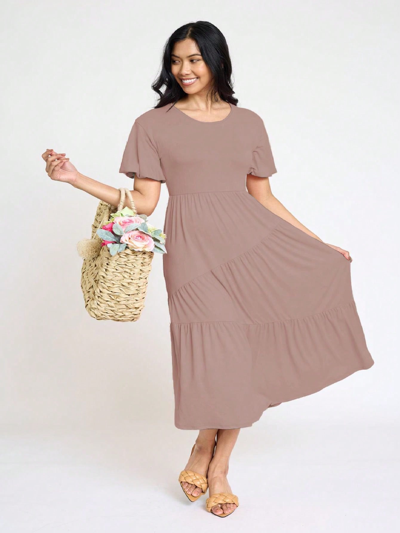 Boho Vacation Retro Solid Diagonal Tiered Midi Dress Balloon Bubble Sleeve  Bridesmaids Pink Red Sage Black Green Beige Olive