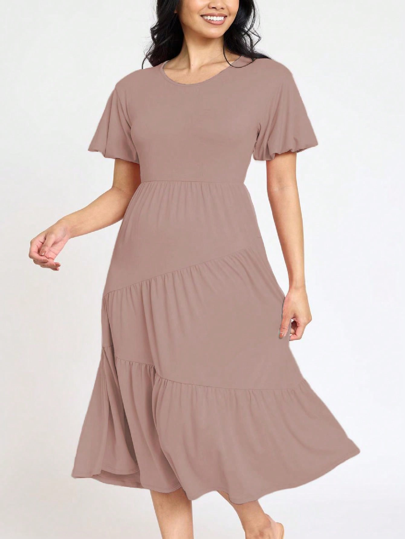 Boho Vacation Retro Solid Diagonal Tiered Midi Dress Balloon Bubble Sleeve  Bridesmaids Pink Red Sage Black Green Beige Olive