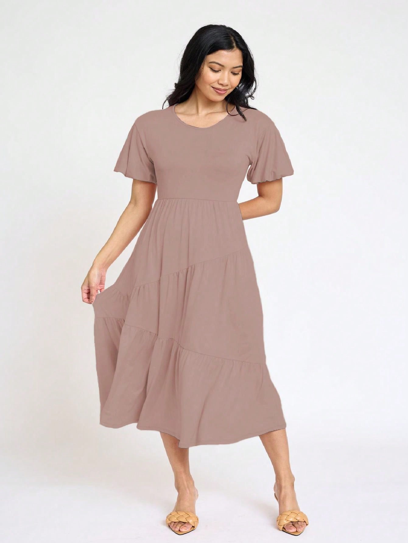 Boho Vacation Retro Solid Diagonal Tiered Midi Dress Balloon Bubble Sleeve  Bridesmaids Pink Red Sage Black Green Beige Olive