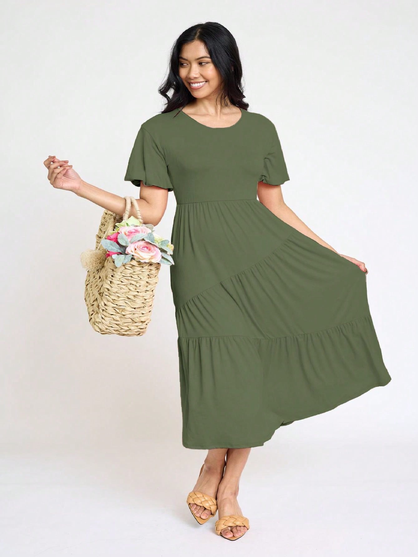 Boho Vacation Retro Solid Diagonal Tiered Midi Dress Balloon Bubble Sleeve  Bridesmaids Pink Red Sage Black Green Beige Olive