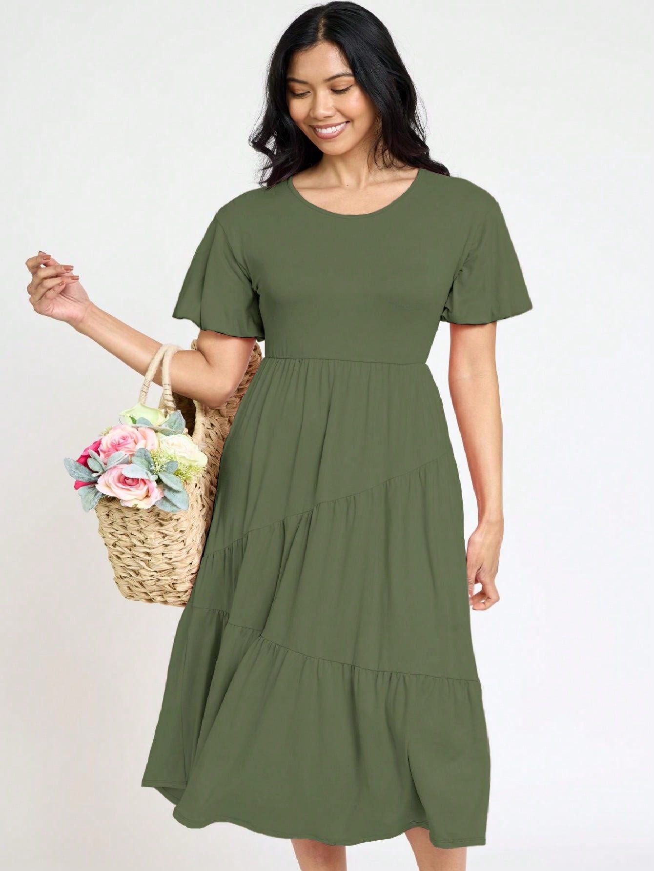 Boho Vacation Retro Solid Diagonal Tiered Midi Dress Balloon Bubble Sleeve  Bridesmaids Pink Red Sage Black Green Beige Olive