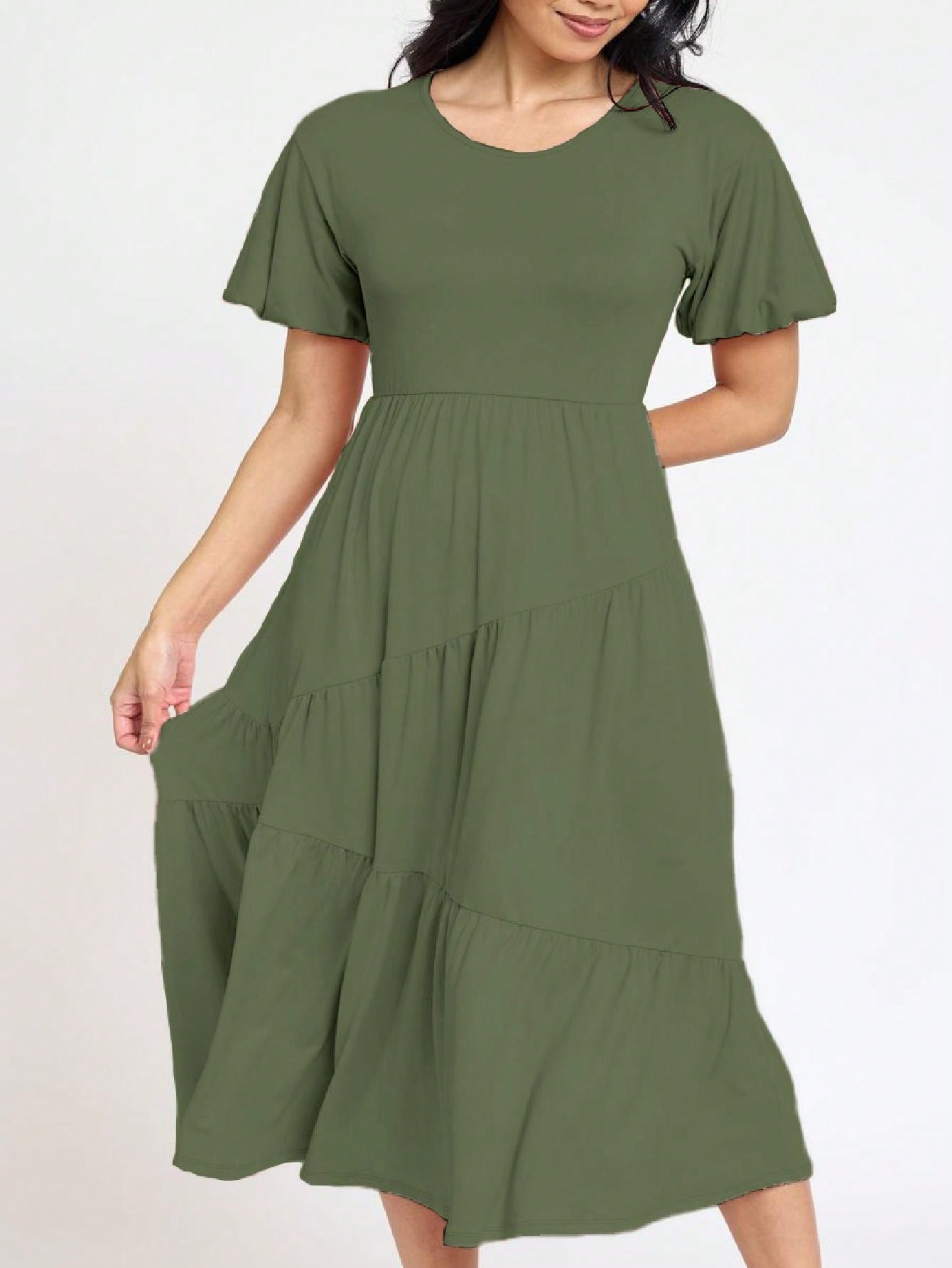 Boho Vacation Retro Solid Diagonal Tiered Midi Dress Balloon Bubble Sleeve  Bridesmaids Pink Red Sage Black Green Beige Olive