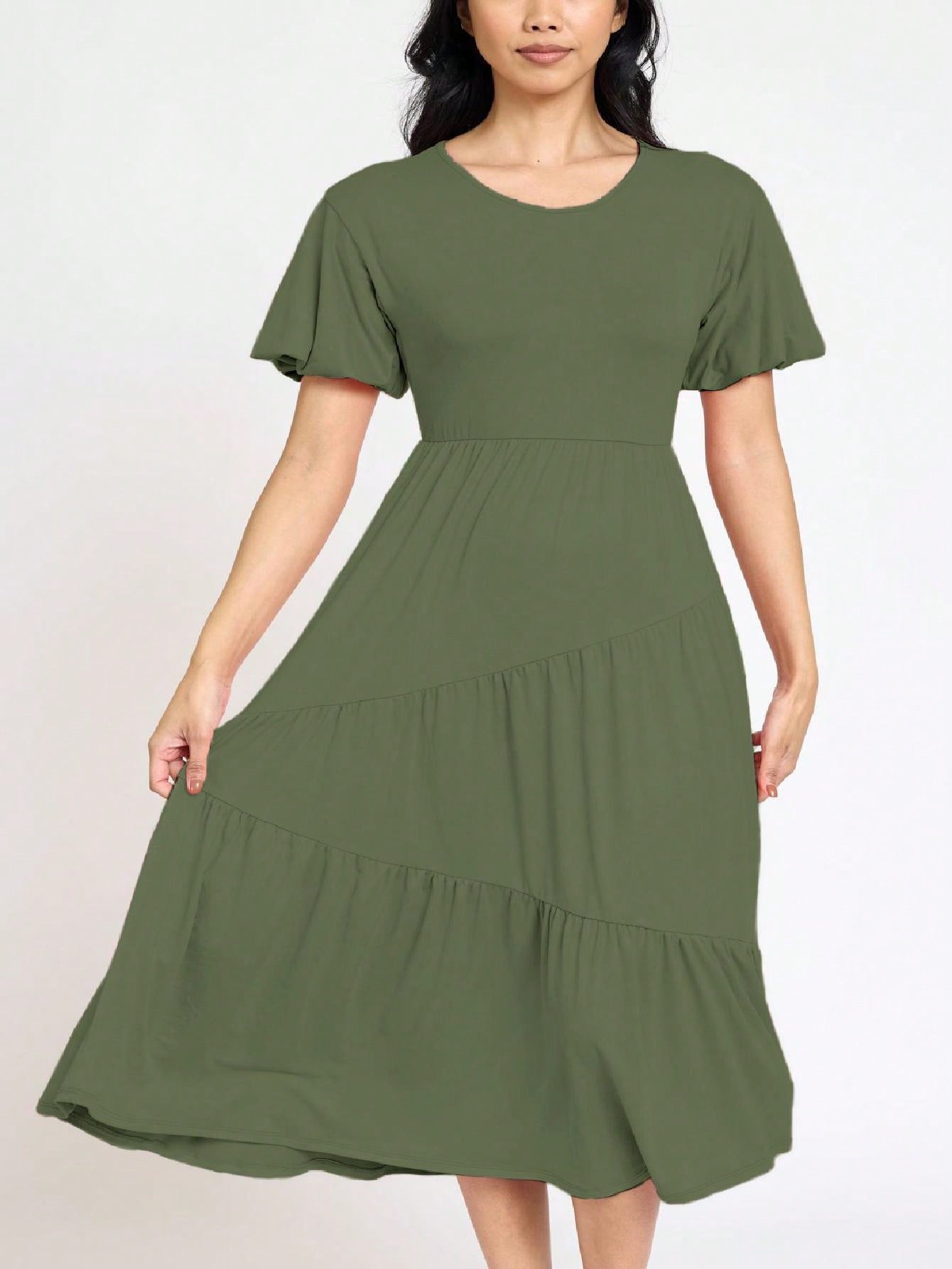 Boho Vacation Retro Solid Diagonal Tiered Midi Dress Balloon Bubble Sleeve  Bridesmaids Pink Red Sage Black Green Beige Olive