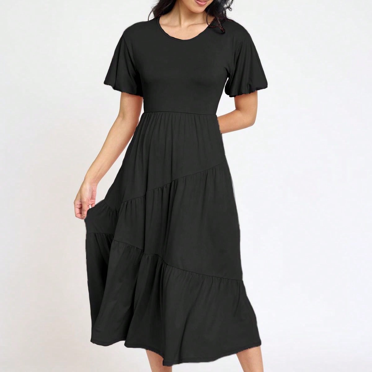 Boho Vacation Retro Solid Diagonal Tiered Midi Dress Balloon Bubble Sleeve  Bridesmaids Pink Red Sage Black Green Beige Olive