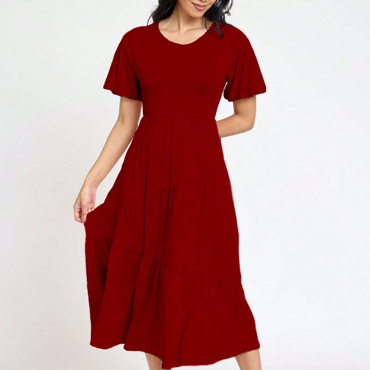 Boho Vacation Retro Solid Diagonal Tiered Midi Dress Balloon Bubble Sleeve  Bridesmaids Pink Red Sage Black Green Beige Olive