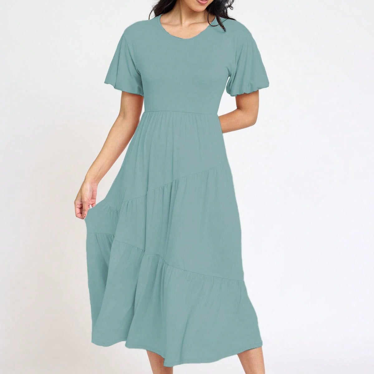 Boho Vacation Retro Solid Diagonal Tiered Midi Dress Balloon Bubble Sleeve  Bridesmaids Pink Red Sage Black Green Beige Olive