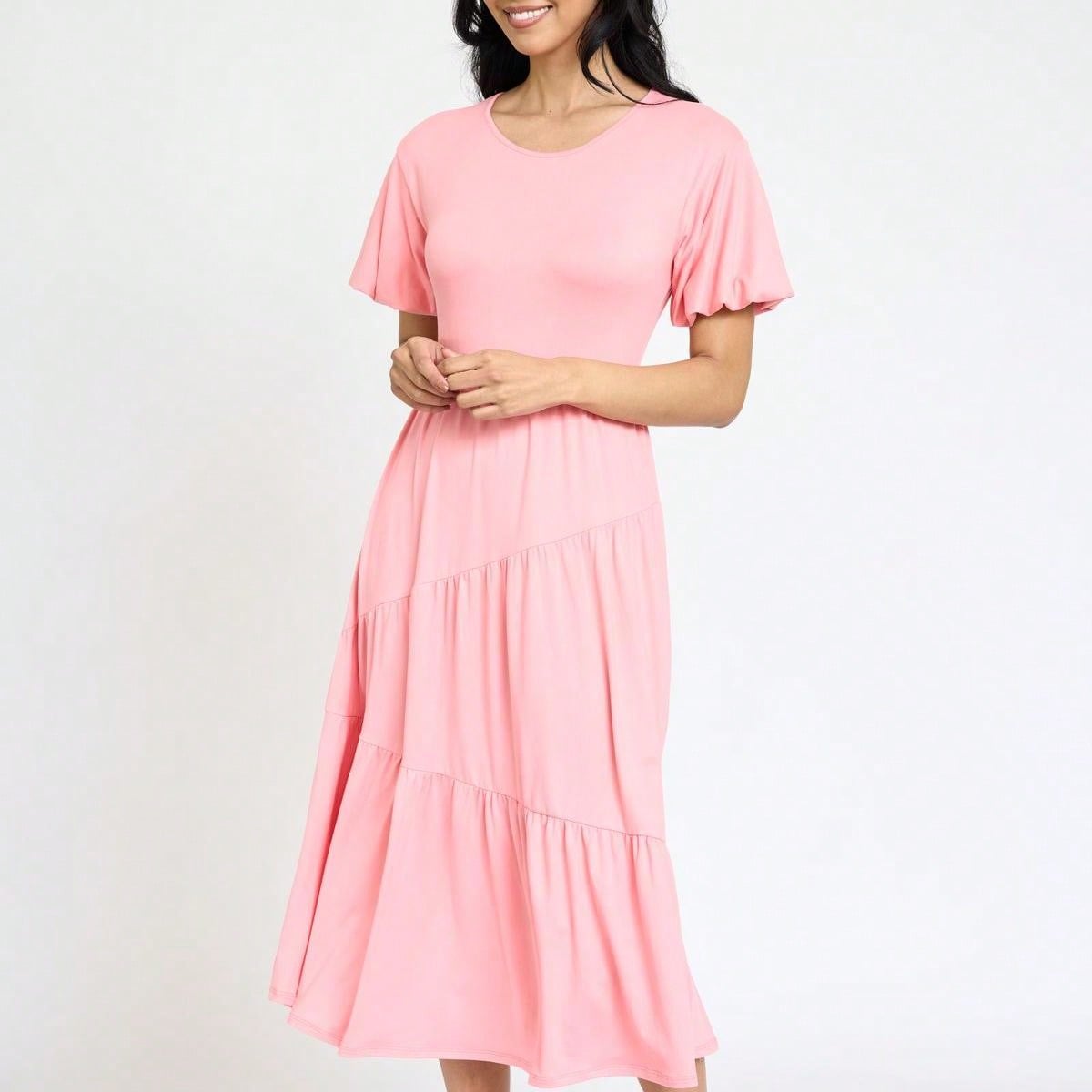 Boho Vacation Retro Solid Diagonal Tiered Midi Dress Balloon Bubble Sleeve  Bridesmaids Pink Red Sage Black Green Beige Olive