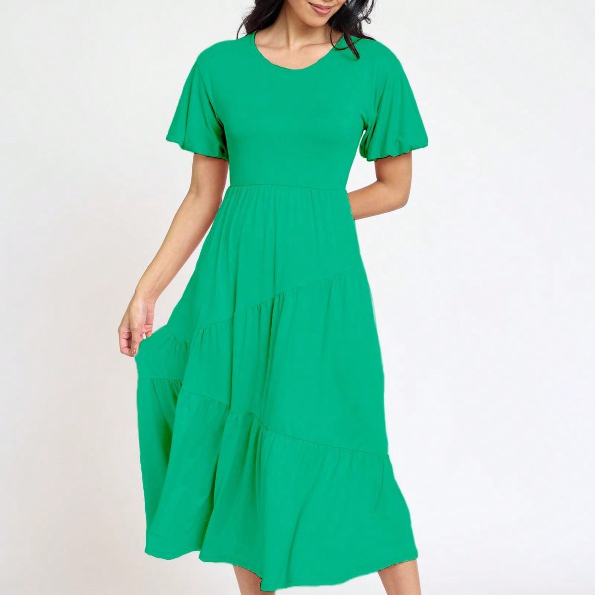 Boho Vacation Retro Solid Diagonal Tiered Midi Dress Balloon Bubble Sleeve  Bridesmaids Pink Red Sage Black Green Beige Olive