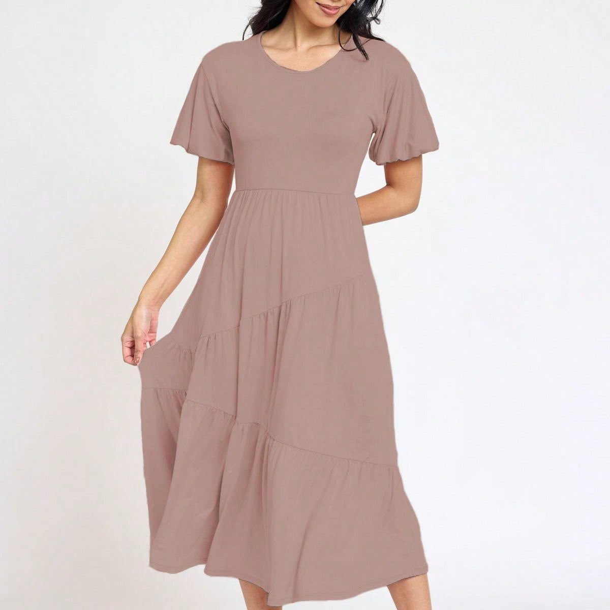 Boho Vacation Retro Solid Diagonal Tiered Midi Dress Balloon Bubble Sleeve  Bridesmaids Pink Red Sage Black Green Beige Olive