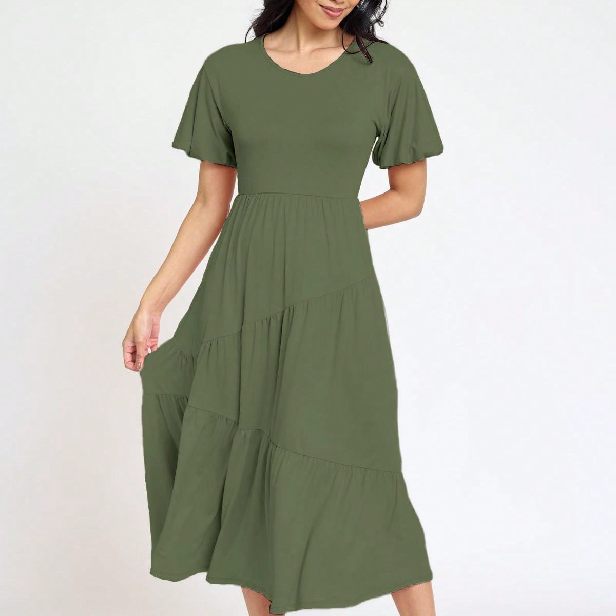 Boho Vacation Retro Solid Diagonal Tiered Midi Dress Balloon Bubble Sleeve  Bridesmaids Pink Red Sage Black Green Beige Olive