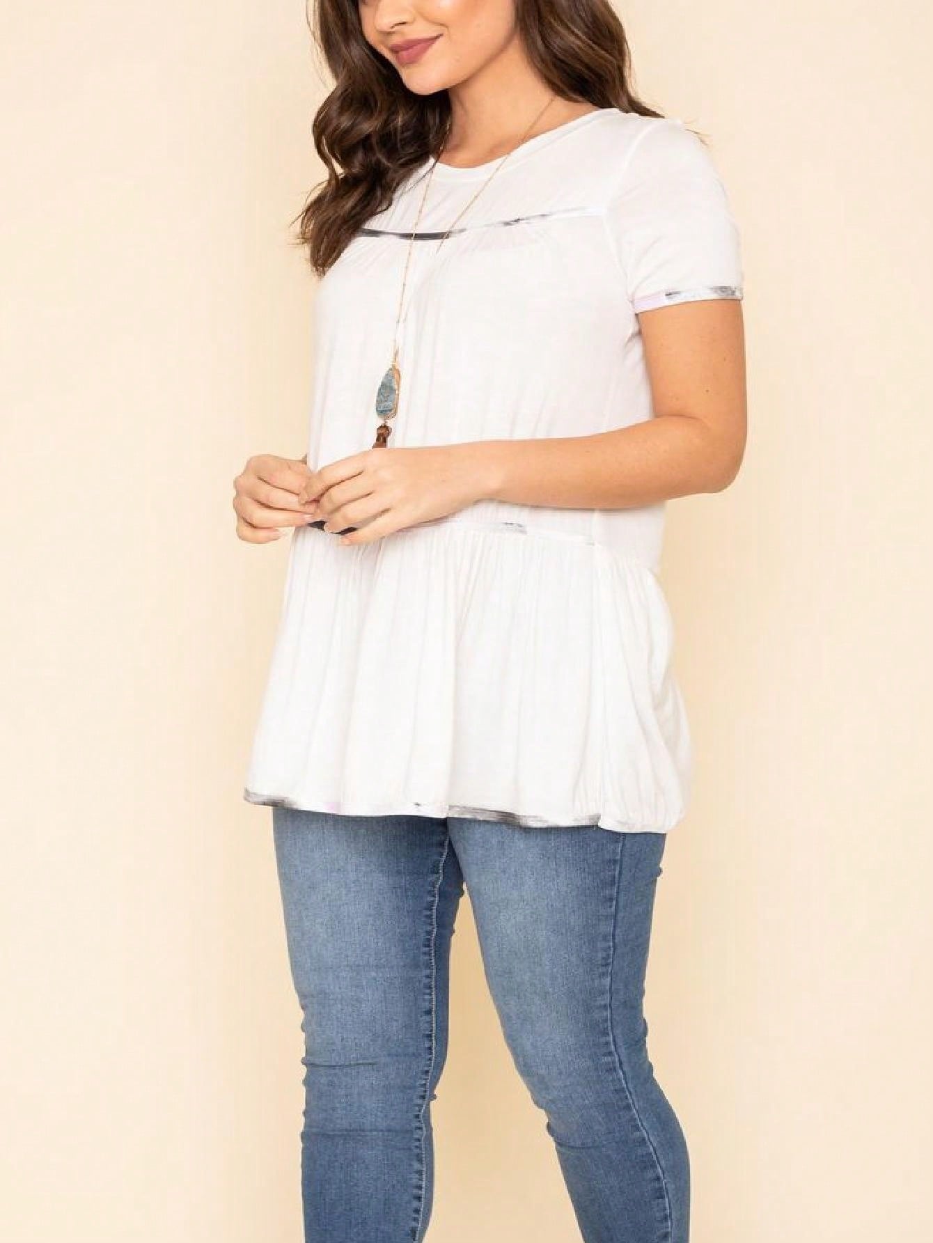 Summer Cool Rayon Boho Retro Vintage Short Sleeve Tiered  Hem Black Grey White Tunic Top Shirt