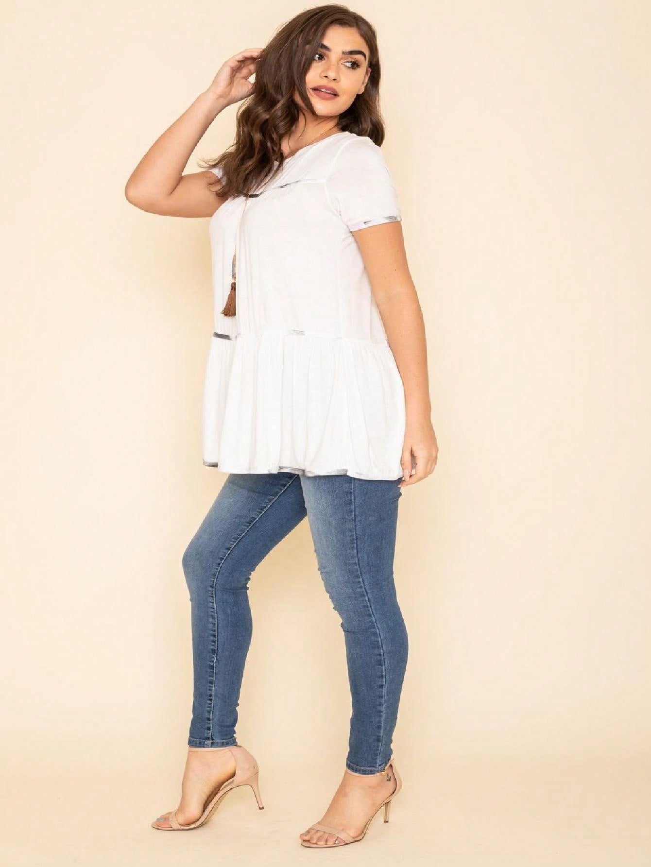 Summer Cool Rayon Boho Retro Vintage Short Sleeve Tiered  Hem Black Grey White Tunic Top Shirt
