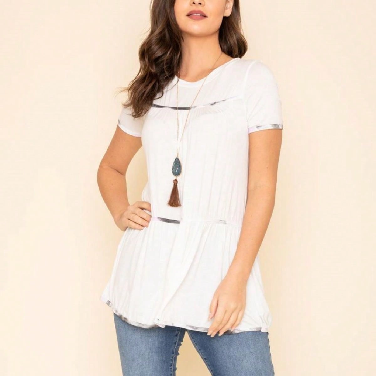Summer Cool Rayon Boho Retro Vintage Short Sleeve Tiered  Hem Black Grey White Tunic Top Shirt