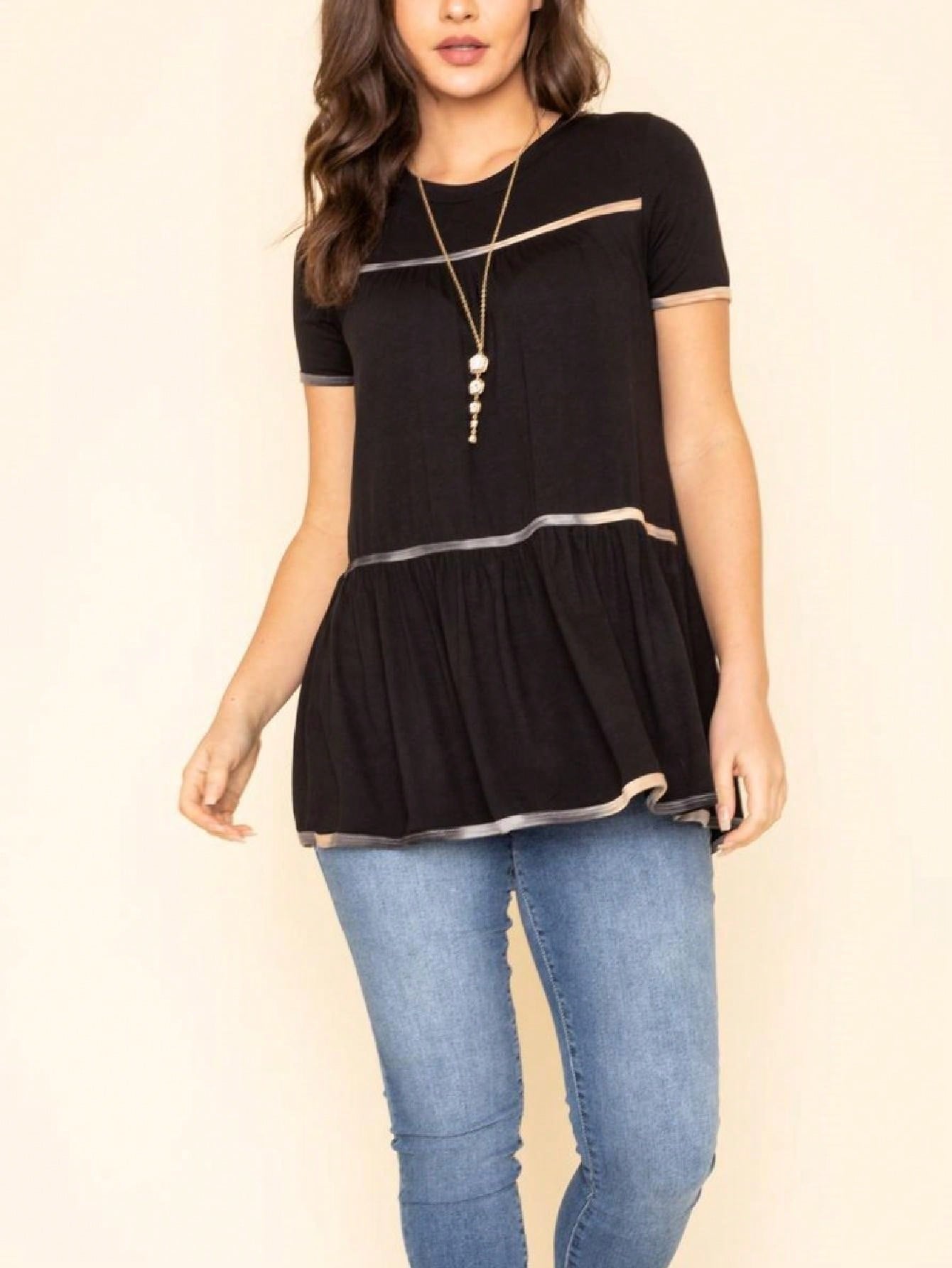 Summer Cool Rayon Boho Retro Vintage Short Sleeve Tiered  Hem Black Grey White Tunic Top Shirt