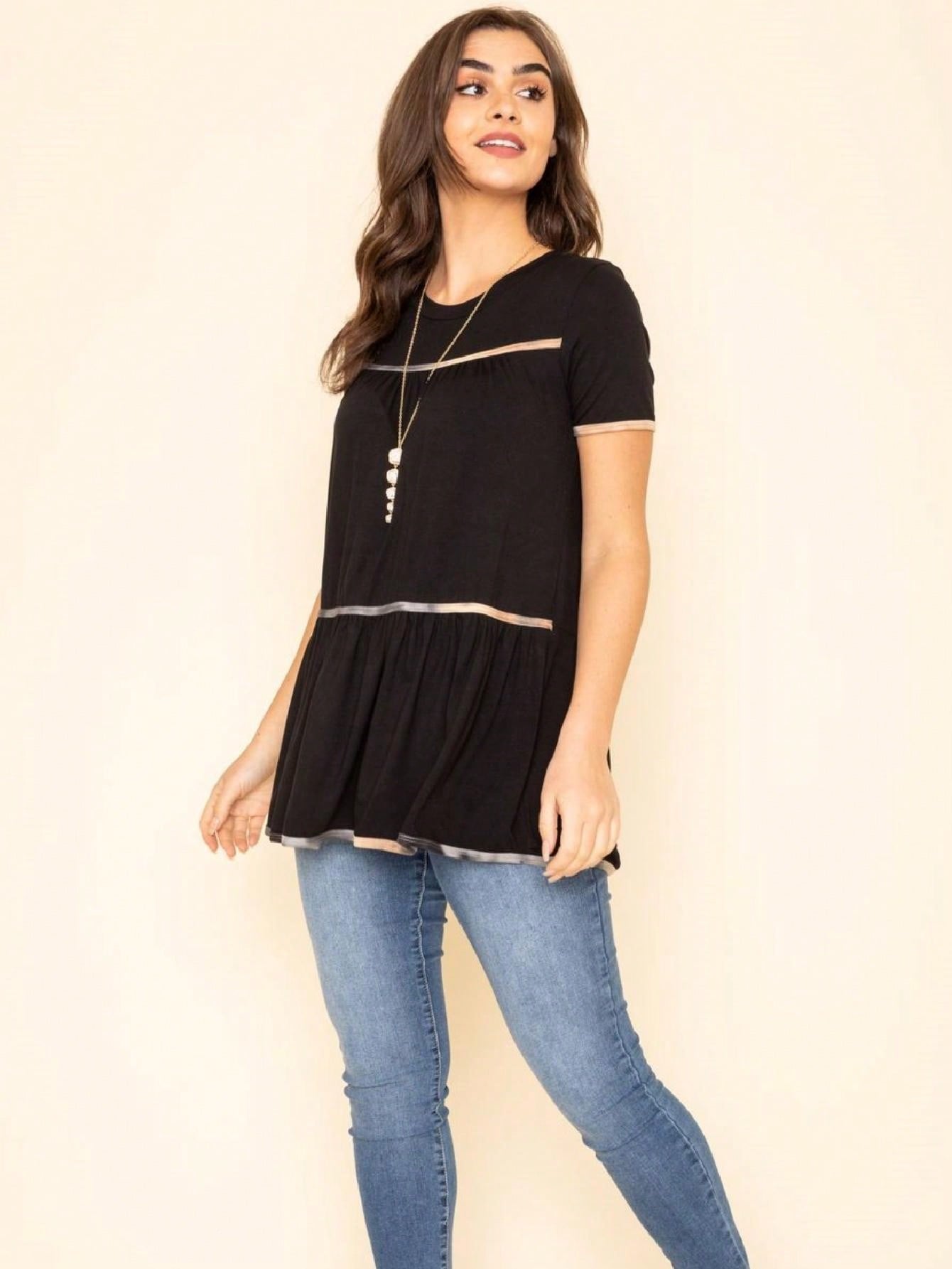 Summer Cool Rayon Boho Retro Vintage Short Sleeve Tiered  Hem Black Grey White Tunic Top Shirt