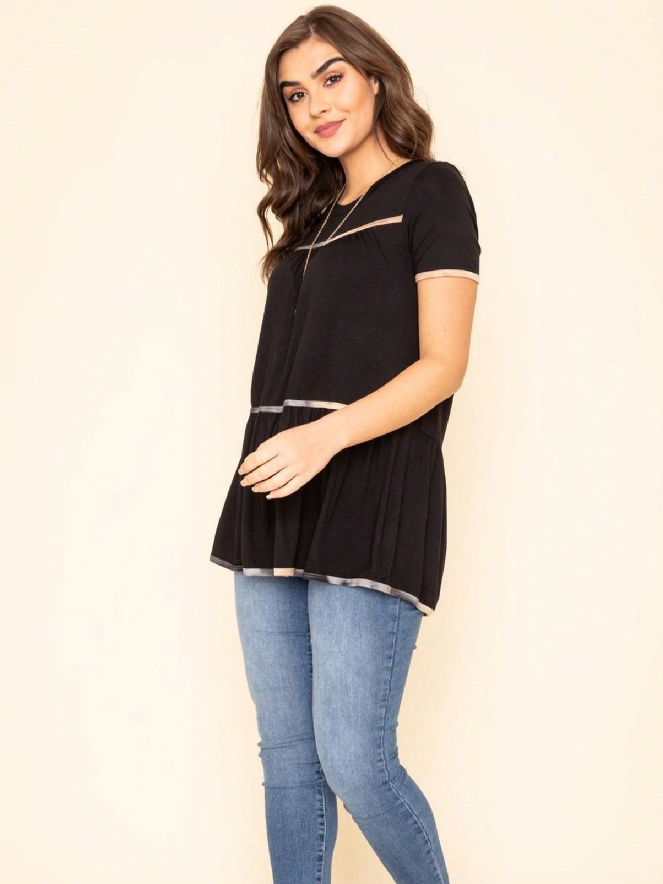 Summer Cool Rayon Boho Retro Vintage Short Sleeve Tiered  Hem Black Grey White Tunic Top Shirt
