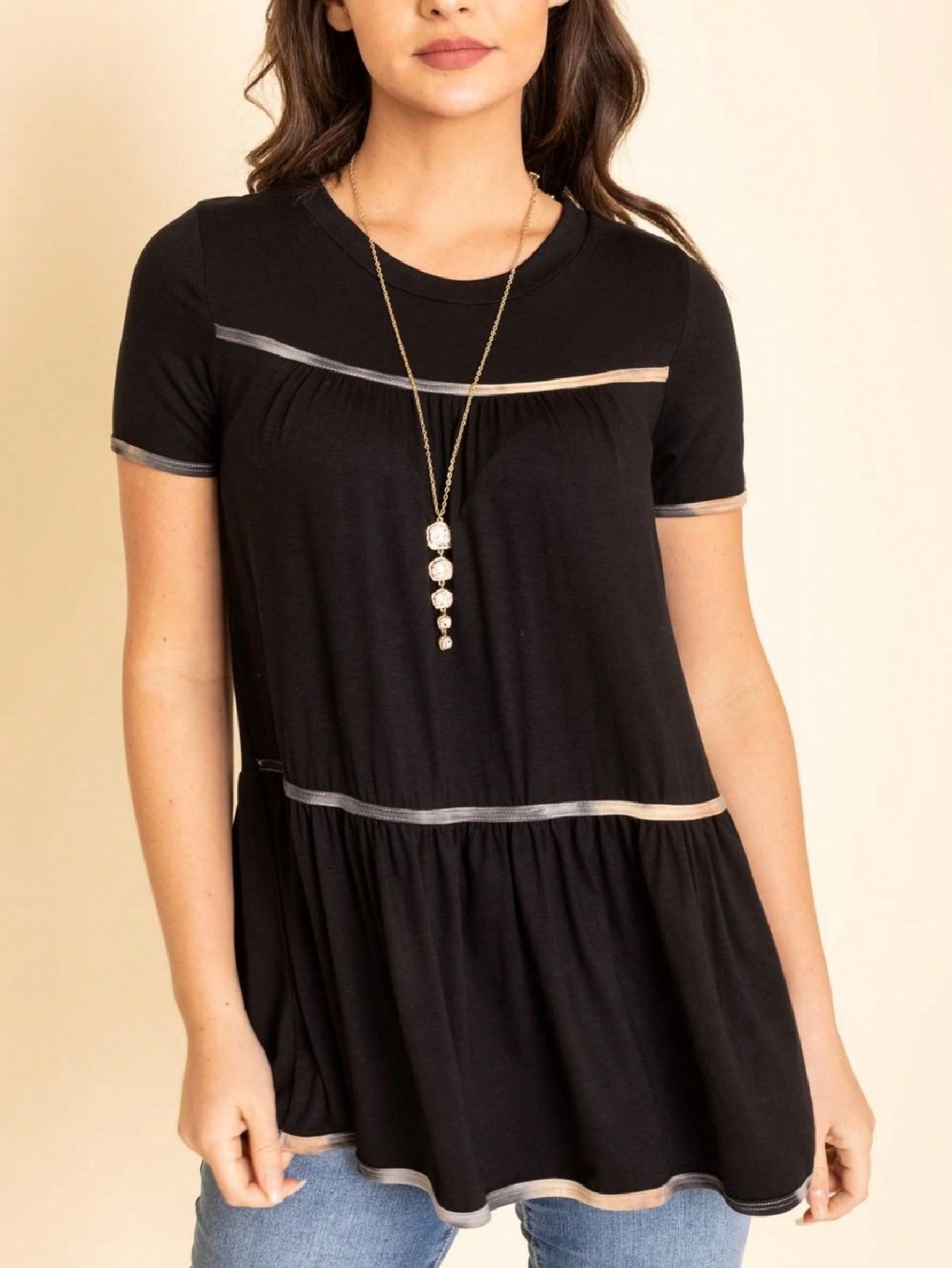 Summer Cool Rayon Boho Retro Vintage Short Sleeve Tiered  Hem Black Grey White Tunic Top Shirt