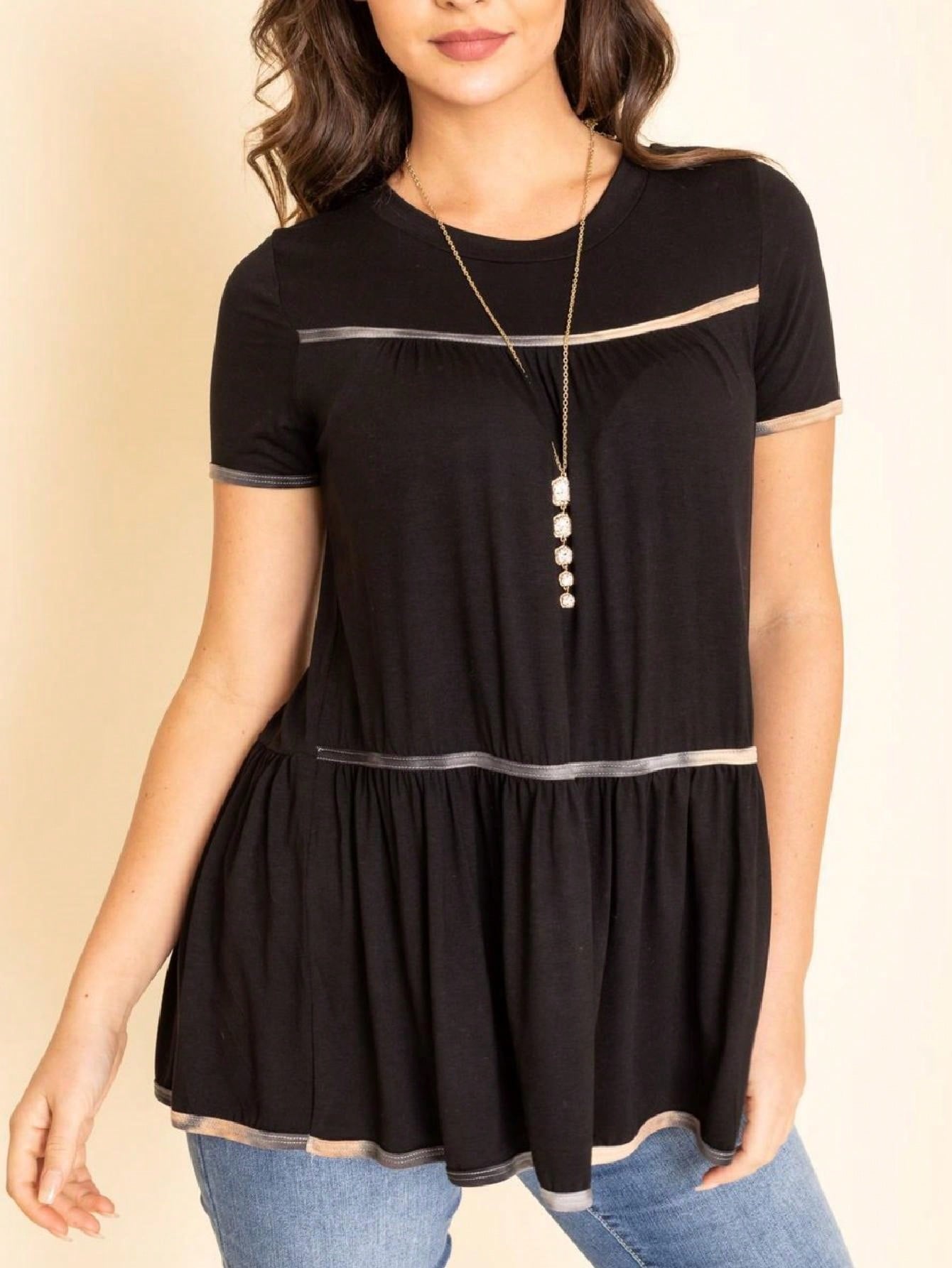 Summer Cool Rayon Boho Retro Vintage Short Sleeve Tiered  Hem Black Grey White Tunic Top Shirt