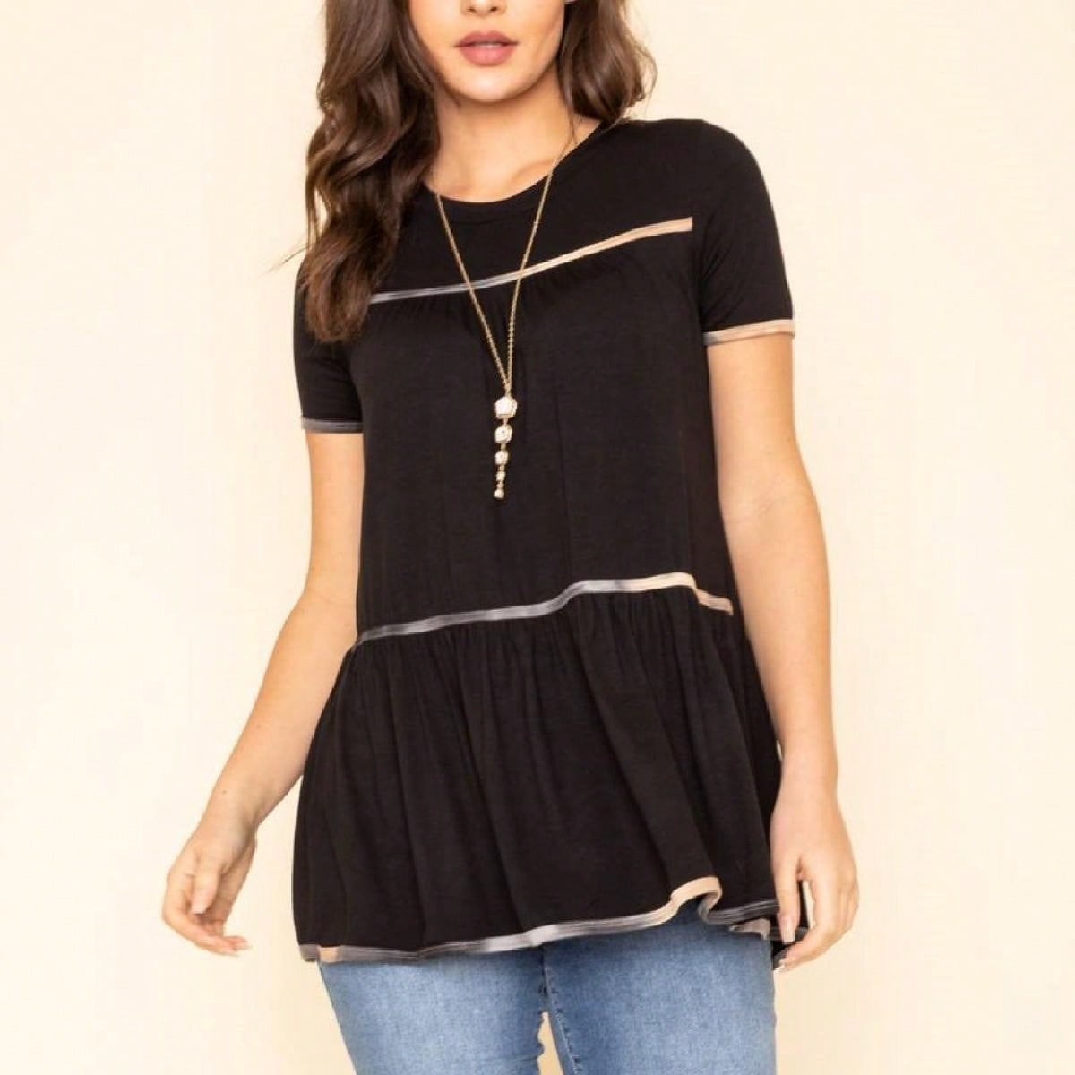Summer Cool Rayon Boho Retro Vintage Short Sleeve Tiered  Hem Black Grey White Tunic Top Shirt