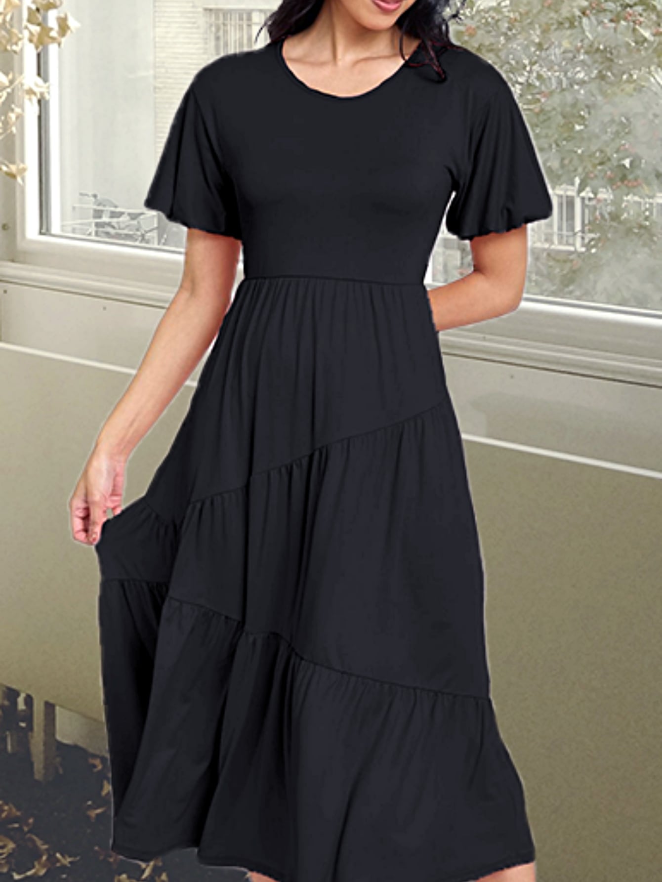 Boho Vacation Retro Solid Diagonal Tiered Midi Dress Balloon Bubble Sleeve  Bridesmaids Pink Red Sage Black Green Beige Olive