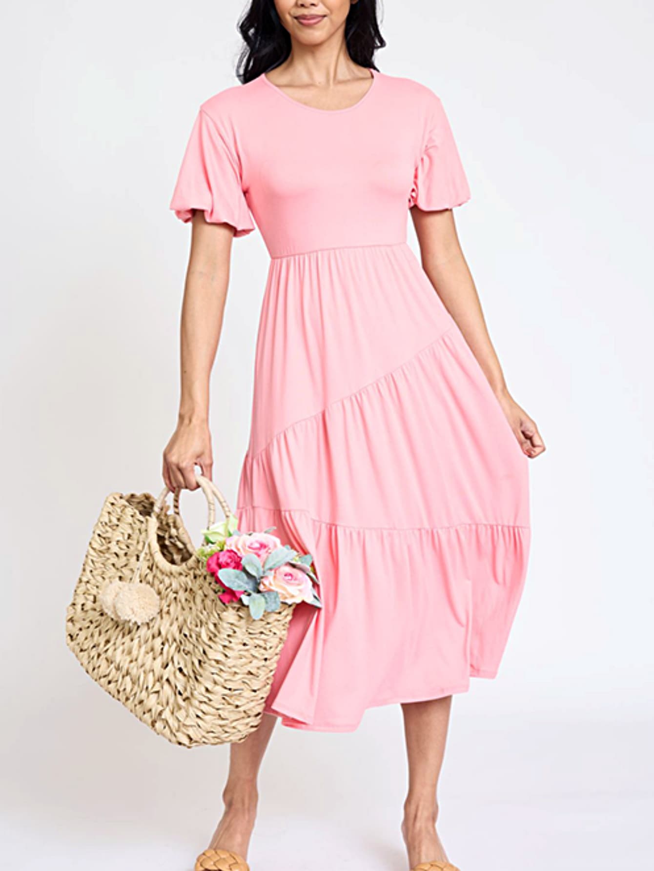 Boho Vacation Retro Solid Diagonal Tiered Midi Dress Balloon Bubble Sleeve  Bridesmaids Pink Red Sage Black Green Beige Olive