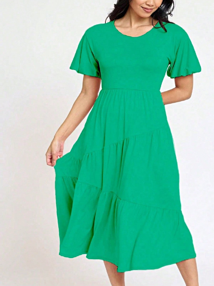 Boho Vacation Retro Solid Diagonal Tiered Midi Dress Balloon Bubble Sleeve  Bridesmaids Pink Red Sage Black Green Beige Olive