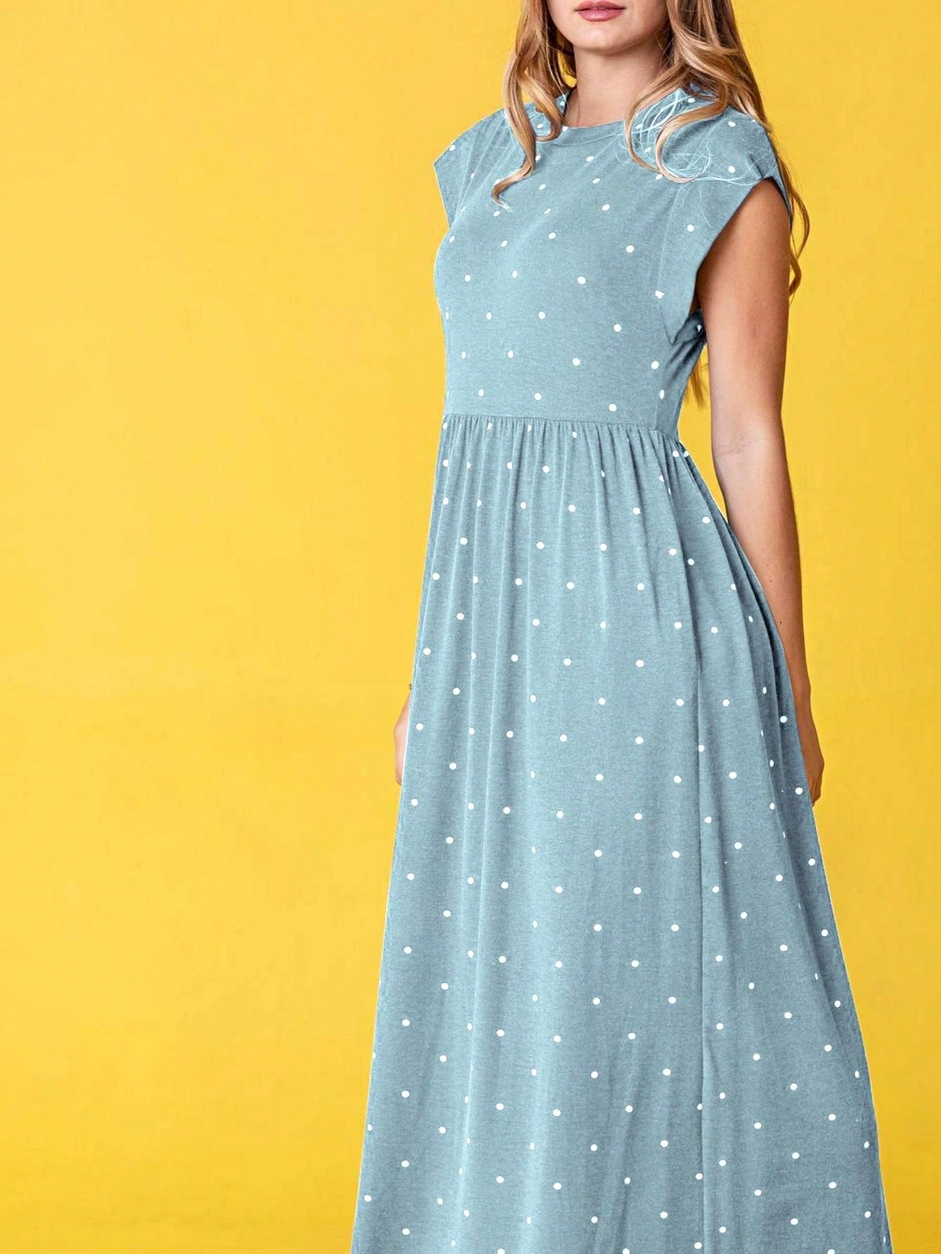 Boho Retro Polka Dot Rayon Mix Casual  Maxi Dress With Folded Cap Sleeve Side Pockets Versatile Summer Dress For Women