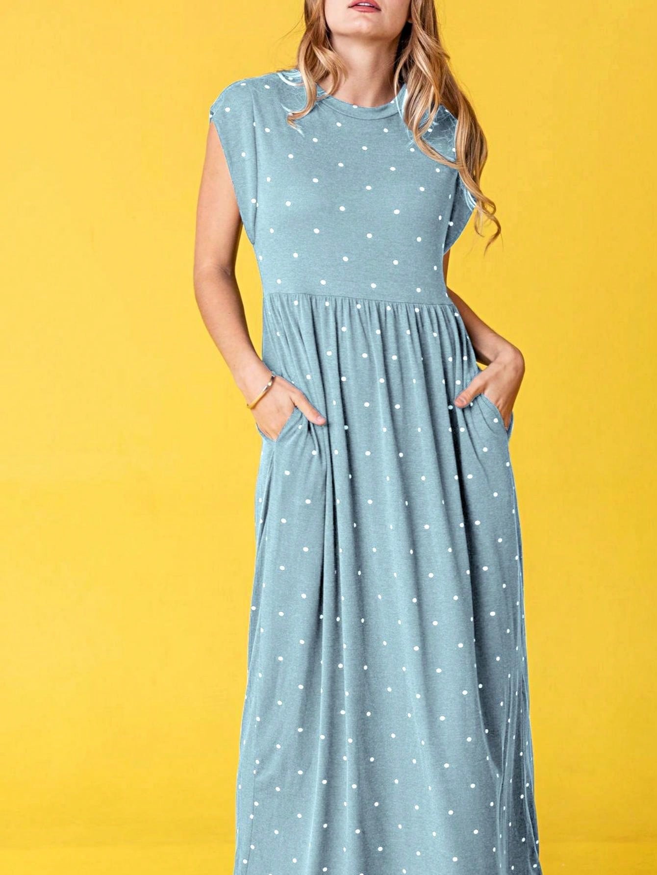Boho Retro Polka Dot Rayon Mix Casual  Maxi Dress With Folded Cap Sleeve Side Pockets Versatile Summer Dress For Women