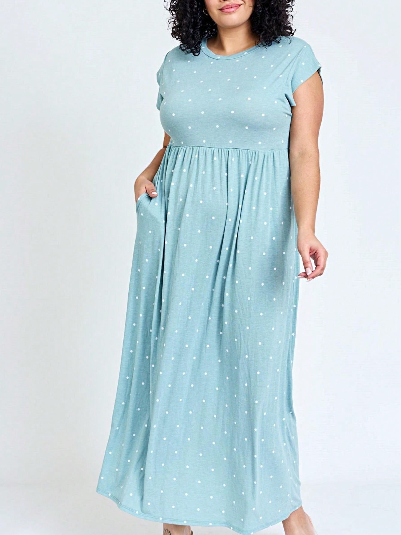 Boho Retro Polka Dot Rayon Mix Casual  Maxi Dress With Folded Cap Sleeve Side Pockets Versatile Summer Dress For Women
